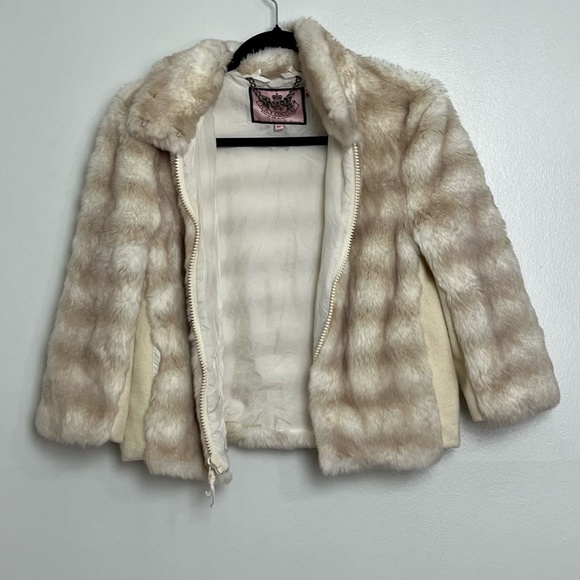 Vintage JUICY COUTURE Beige Cream Zipper Collared Faux Fur Jacket with Pockets M - Picture 7 of 13
